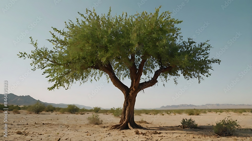 Fantasy landscape of of climate desert with a single huge tropical tree in the middle of sands, opposition, nature and environment concept Fantasy landscape of of climate desert with a single huge tropical tree in the middle of sands, opposition, nature and environment concept