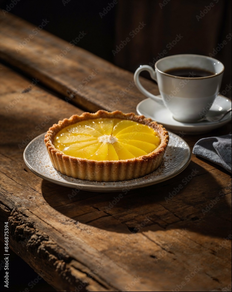 A plate of lemon dessert lies on a wooden table next to a cup of coffee