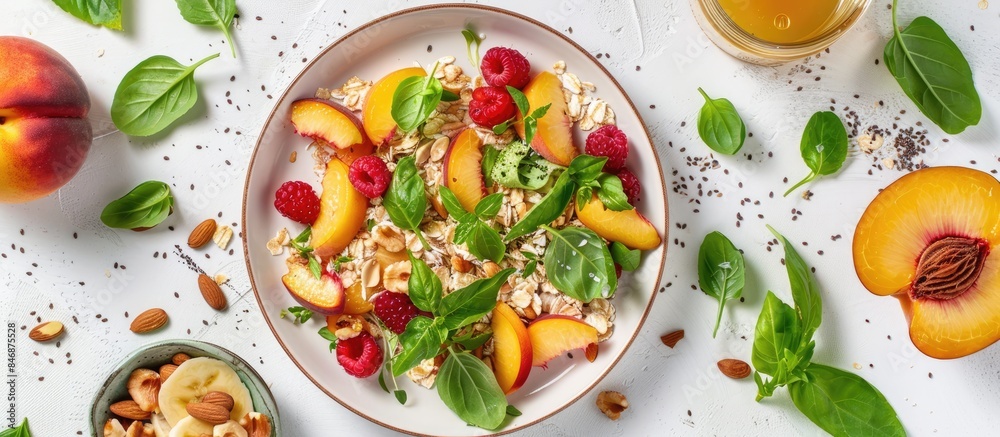 Muesli Breakfast with Peach Salad and Fresh Peaches on White Background: Embracing Healthy Eating with a Flat Lay and Top View Muesli Breakfast with Peach Salad and Fresh Peaches on White Background: Embracing Healthy Eating with a Flat Lay and Top View