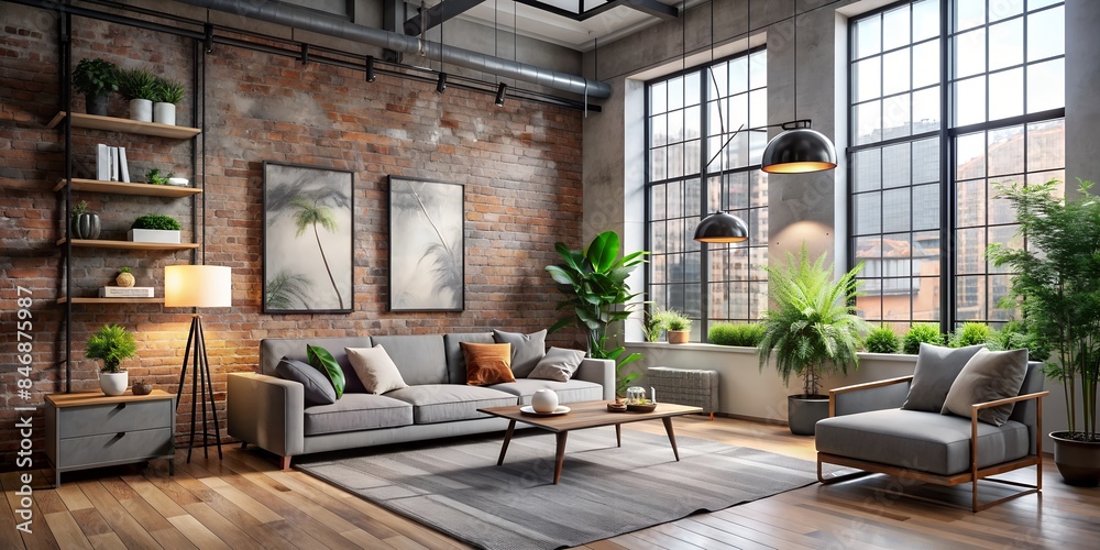 A large mockup wall frame for an advertising poster on the wall in a minimalist, loft interior in a modern house with high ceilings, view windows and stylish furniture. A large mockup wall frame for an advertising poster on the wall in a minimalist, loft interior in a modern house with high ceilings, view windows and stylish furniture.