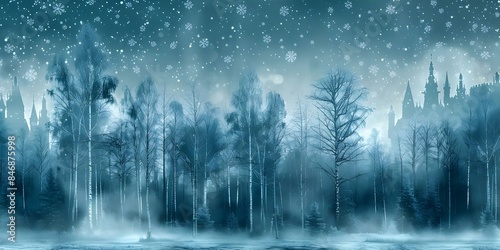 Midnight Birch Forest Watercolor with Silver Snowflakes and Distant Fairytale Castle. Concept Nature, Watercolor Painting, Midnight, Birch Forest, Castle, Snowflakes, Fairytale, Silver photo