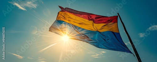 Democratic Republic of Congo flag waving against a clear, sunny sky photo