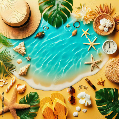 Yellow sand and blue sea water with summer accessories and tropical plants leaves with space for copy on the middle