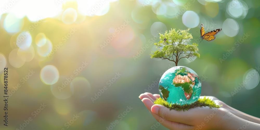 Hands holding a small earth globe with a growing tree and a butterfly, symbolizing environmental conservation, sustainability, and a harmonious connection with nature.. Hands holding a small earth globe with a growing tree and a butterfly, symbolizing environmental conservation, sustainability, and a harmonious connection with nature..