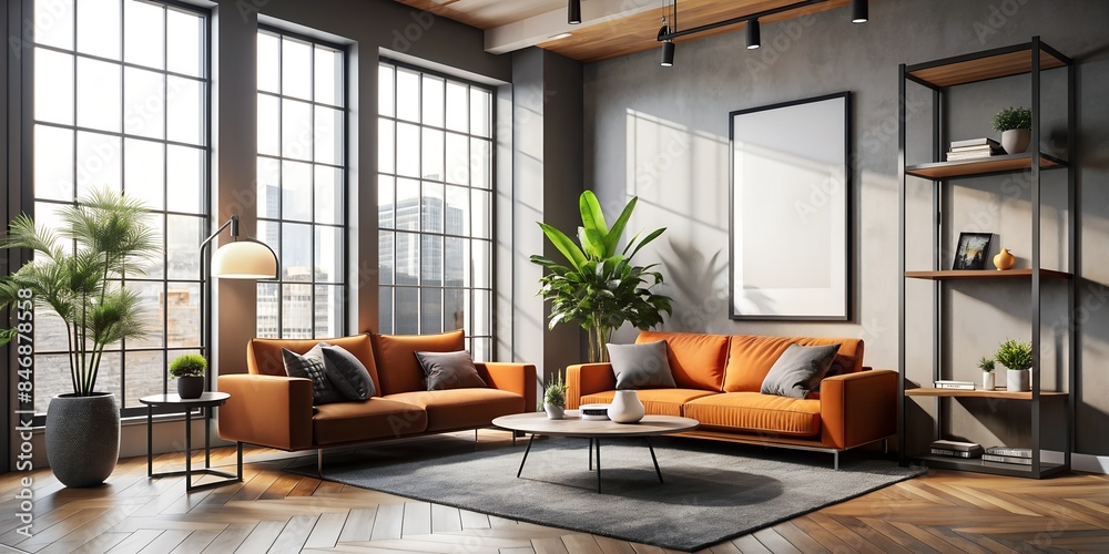 A large mockup wall frame for an advertising poster on the wall in a minimalist, loft interior with orange elements in a modern house with high ceilings, view windows and stylish furniture. A large mockup wall frame for an advertising poster on the wall in a minimalist, loft interior with orange elements in a modern house with high ceilings, view windows and stylish furniture.