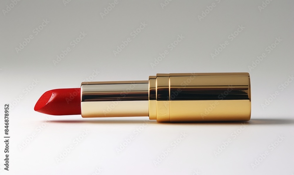 A gold metal tube contains a red lipstick, characterized by strong color contrasts. A gold metal tube contains a red lipstick, characterized by strong color contrasts.