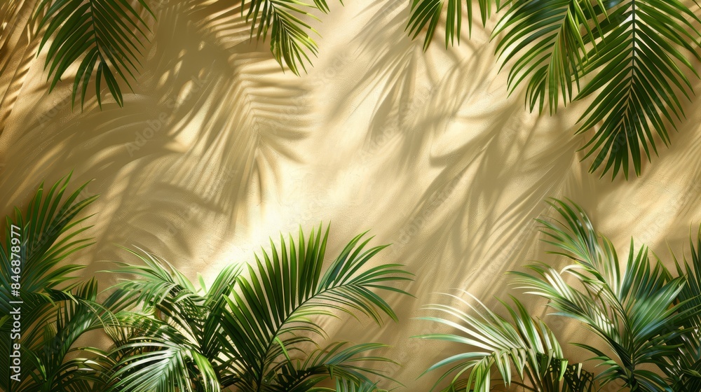 Beautiful palm leaves create elegant shadows on a beige wall, casting a serene ambiance with a touch of natures beauty Beautiful palm leaves create elegant shadows on a beige wall, casting a serene ambiance with a touch of natures beauty
