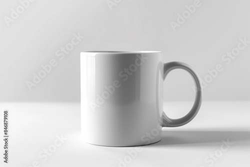 A chic, simple white mug on a white background, in an everyday life style. photo