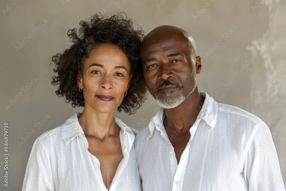 Portrait of a tender mixed race couple in their 40s wearing a classic white shirt while standing against minimalist or empty room background Portrait of a tender mixed race couple in their 40s wearing a classic white shirt while standing against minimalist or empty room background