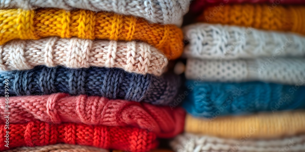 Stack of sweaters perfect for showcasing or organizing your closet. Concept Sweater Storage, Closet Organization, Fall Wardrobe, Knitwear Collection, Garment Display Stack of sweaters perfect for showcasing or organizing your closet. Concept Sweater Storage, Closet Organization, Fall Wardrobe, Knitwear Collection, Garment Display