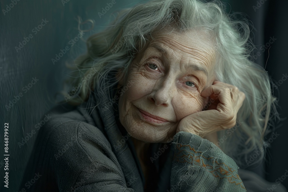 Portrait of a peaceful senior woman with grey hair and a soft smile, exuding wisdom and tranquility