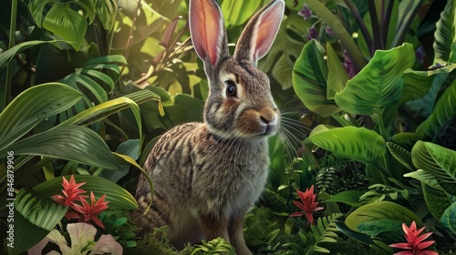 Energetic and playful rabbit bunny performing an over-the-top series of binkies,hops and jumps through a lush,verdant summer garden filled with vibrant foliage,flowers and greenery. photo