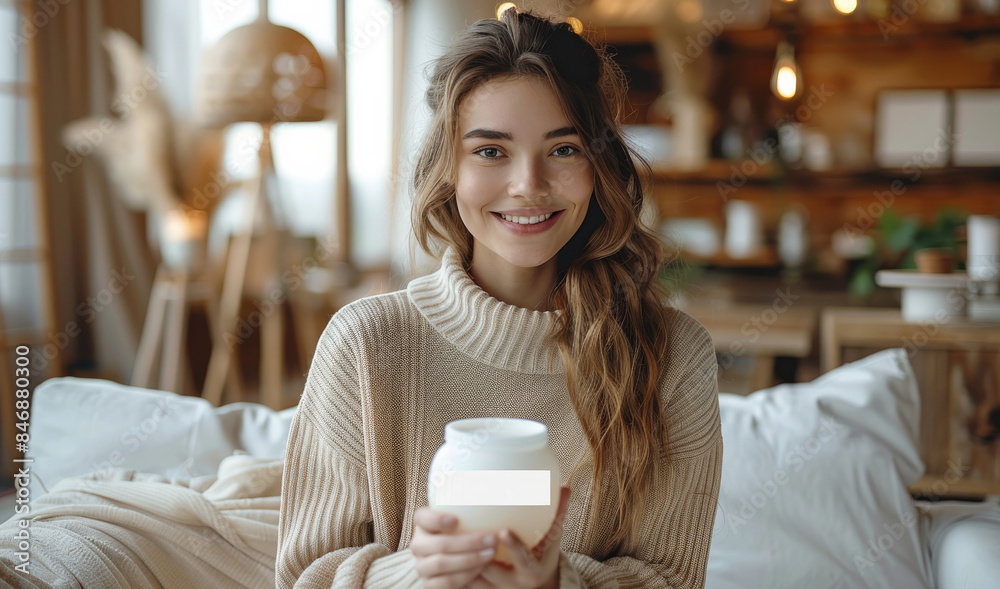 A joyful and satisfied customer at home, holding a beautifully packaged product, The background features a modern, cozy living room with warm lighting. Generative AI. A joyful and satisfied customer at home, holding a beautifully packaged product, The background features a modern, cozy living room with warm lighting. Generative AI.