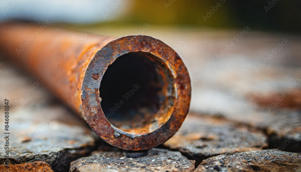 rusted lead pipe, highlighting detailed corrosion textures and patina. The pipe symbolizes decay, neglect, and the passage of time, with space for text on the side rusted lead pipe, highlighting detailed corrosion textures and patina. The pipe symbolizes decay, neglect, and the passage of time, with space for text on the side