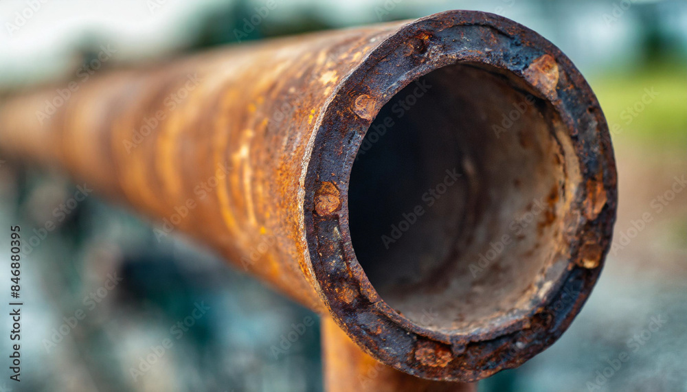 rusted lead pipe, highlighting detailed corrosion textures and patina. The pipe symbolizes decay, neglect, and the passage of time, with space for text on the side rusted lead pipe, highlighting detailed corrosion textures and patina. The pipe symbolizes decay, neglect, and the passage of time, with space for text on the side