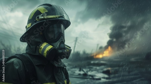 Firefighter in protective gear assisting with rescue and cleanup efforts at the scene of a severe weather event like a tornado or hurricane. The firefighter is working amidst smoke,flames.