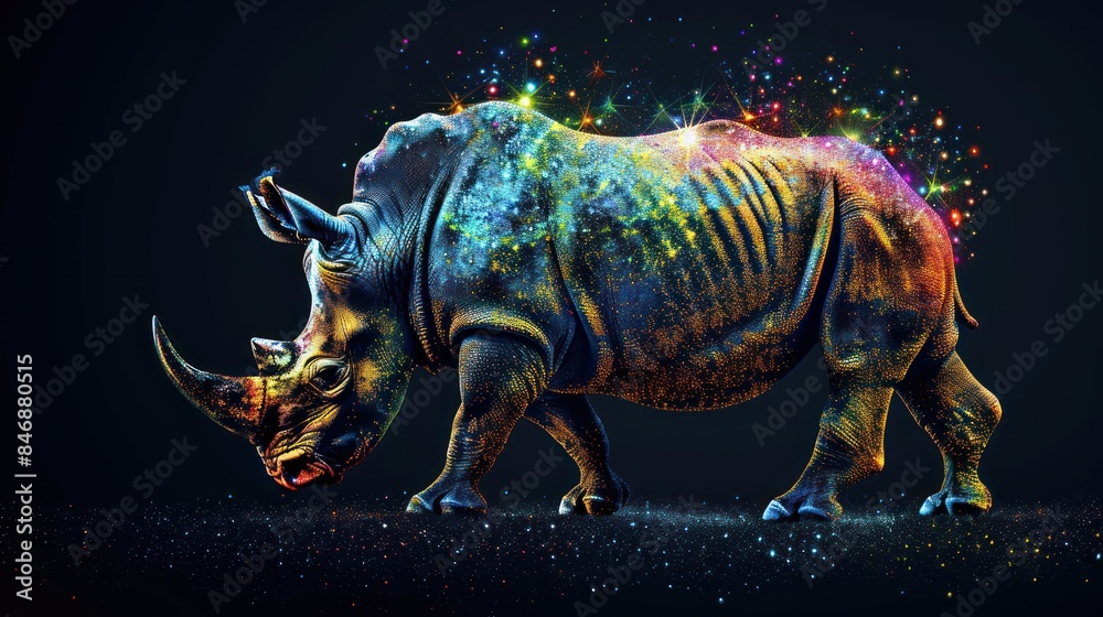 Obraz premium Visualize the beauty of biodiversity with a captivating stock photo featuring an abstract rhinoceros depicted in colorful pointillism, symbolizing the richness and diversity of life on Earth.