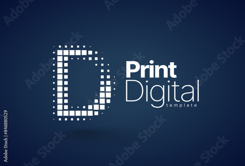 Logo Digital Print. Letter D it consists of squares. Printing theme. Template design vector. Black background.