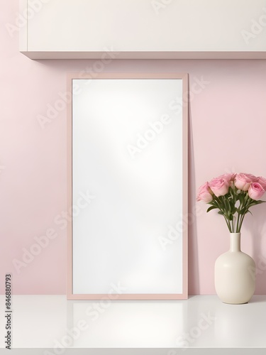 Mockup poster frame close up leaning against pink wall, home mockup frame, frame mockup