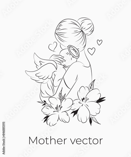 Handdrawn line art style mom and baby illustration art.