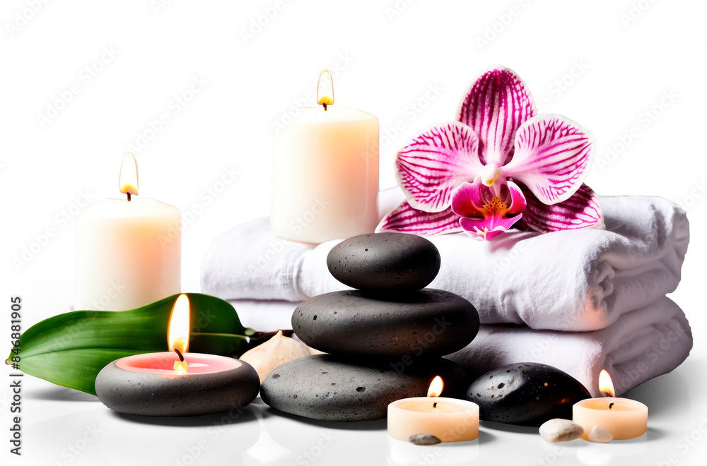 spaset still life with candles and orchid on transparent background, png file spaset still life with candles and orchid on transparent background, png file