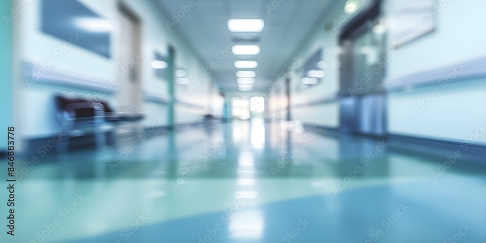 Obraz premium Blurry hospital corridor background with medical emergency room entrance Healthcare concept. Concept Healthcare, Hospital Corridor, Medical Emergency, Blurry Background, Healthcare Concept