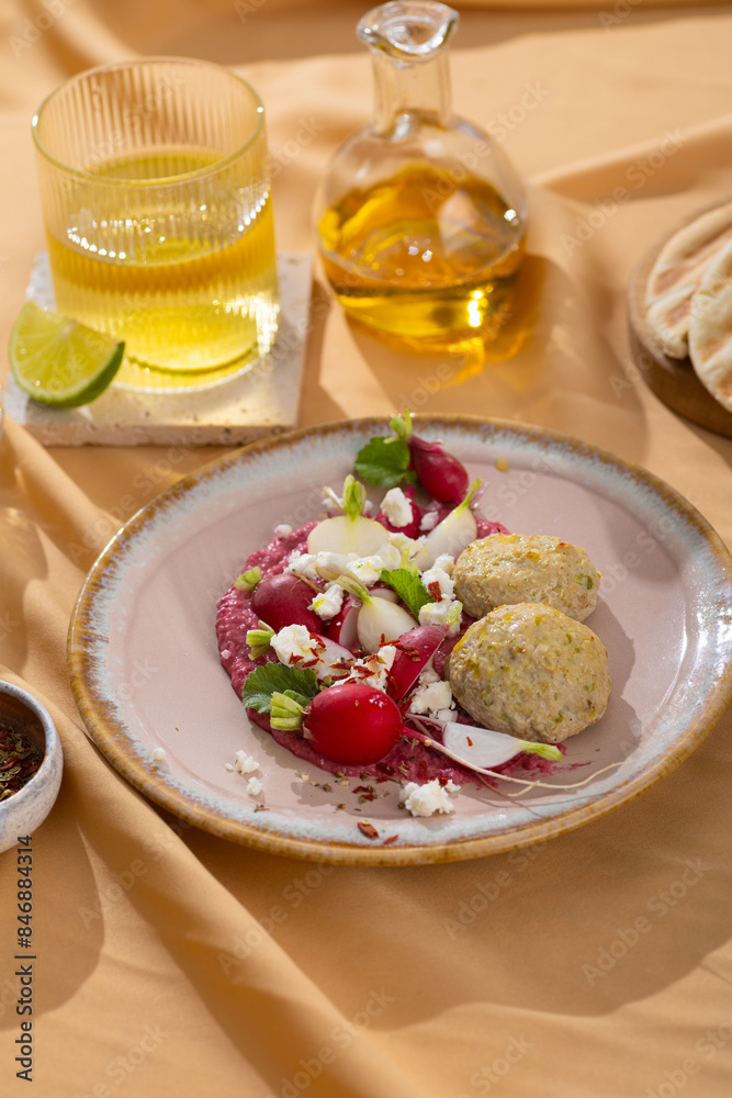 Healthy raw summer vegan snack plate. Flat-lay of beetroot humus dip with falafel and colorful fresh vegetables and greens on pink table background, top view. Clean eating, dieting, vegan Healthy raw summer vegan snack plate. Flat-lay of beetroot humus dip with falafel and colorful fresh vegetables and greens on pink table background, top view. Clean eating, dieting, vegan