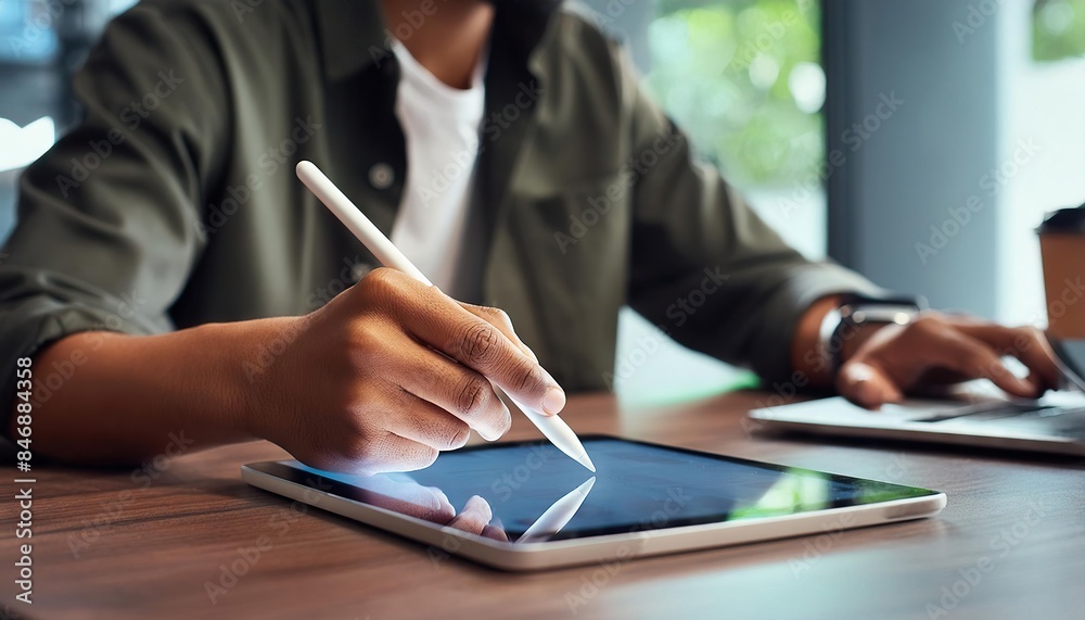 Graphic designer working on a digital tablet, close up on the stylus and screen Graphic designer working on a digital tablet, close up on the stylus and screen