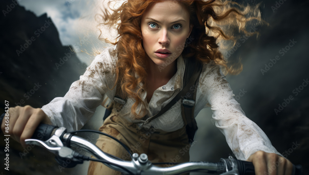 Obraz premium the beautiful woman riding a mountain bike in a mountain