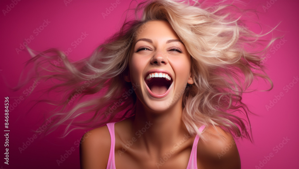 Blonde beautiful woman in pink and laughing, in the style of intense portraiture, dynamic and energetic