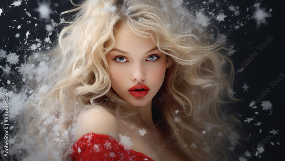 the beautiful blond woman in red dressed in snowflakes, in the style of wavy, light silver and dark navy