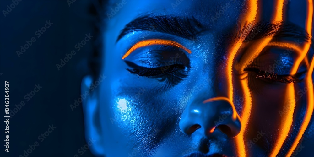 Woman with blue skin closed eyes glowing orange lines in dark setting. Concept Fantasy, Artistic, Illusion, Mysterious, Dreamy Woman with blue skin closed eyes glowing orange lines in dark setting. Concept Fantasy, Artistic, Illusion, Mysterious, Dreamy