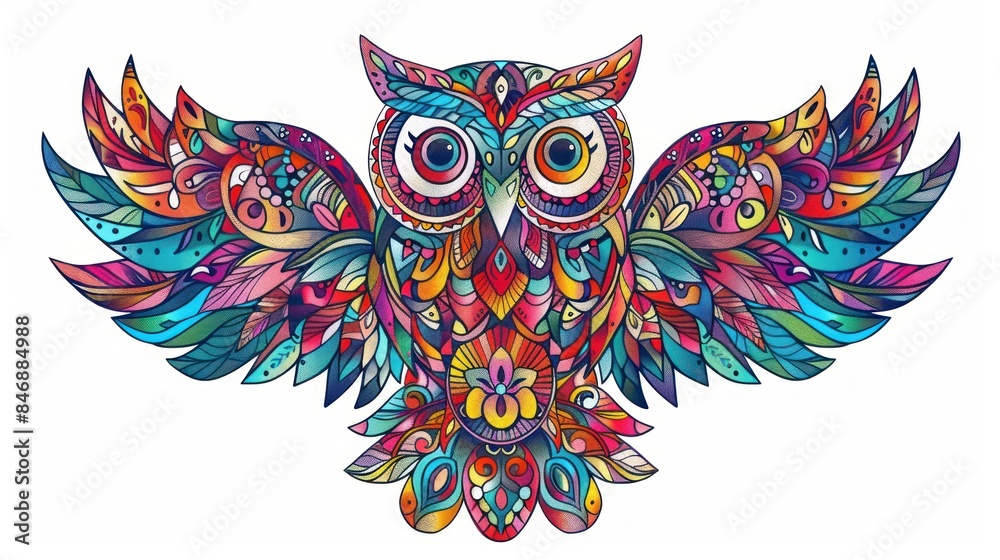 Obraz premium Capture the essence of nature's beauty with a striking stock photo featuring a colorful mandala owl design, beautifully isolated against a white background to highlight its mesmerizing patterns.