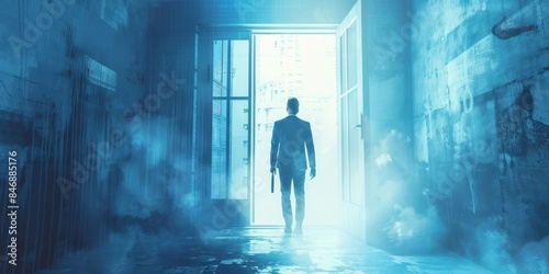 The dark figure of a man in a long coat walks through a doorway filled with bright light.