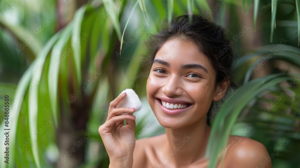 A woman with dark hair is smiling while holding a white object in front of her face. She is outdoors in a tropical setting surrounded by lush green foliage. A woman with dark hair is smiling while holding a white object in front of her face. She is outdoors in a tropical setting surrounded by lush green foliage.