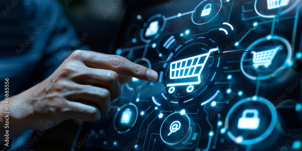 Fototapeta premium Blue neon shopping cart icon on digital screen and finger touching it. Online shopping concept.