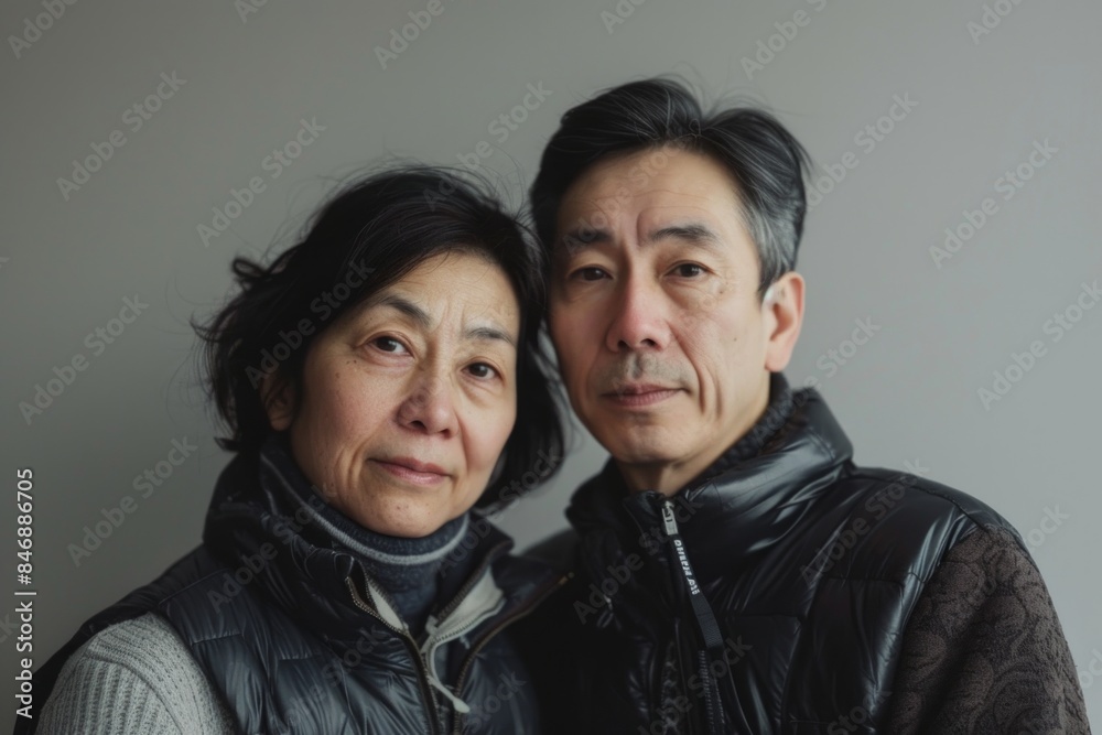 Portrait of a tender asian couple in their 40s dressed in a water-resistant gilet while standing against minimalist or empty room background