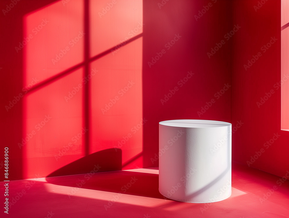 Weißer geometrischer Zylinder, runder Zylinder, rote Rückwand, Präsentationsplattform für Verkaufsartikel Werbebanner Hintergrund Weißer geometrischer Zylinder, runder Zylinder, rote Rückwand, Präsentationsplattform für Verkaufsartikel Werbebanner Hintergrund
