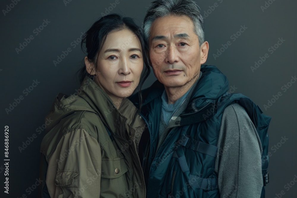 Portrait of a tender asian couple in their 40s dressed in a water-resistant gilet isolated in minimalist or empty room background Portrait of a tender asian couple in their 40s dressed in a water-resistant gilet isolated in minimalist or empty room background