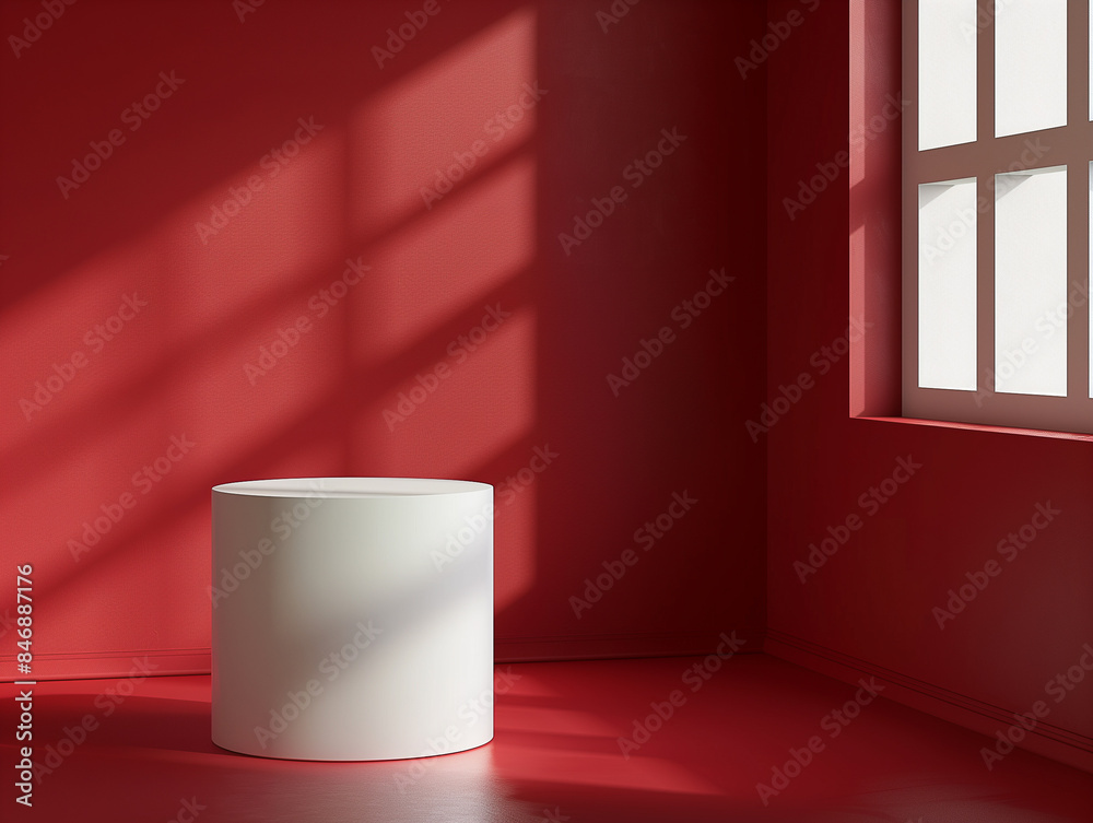 Weißer geometrischer Zylinder, runder Zylinder, rote Rückwand, Präsentationsplattform für Verkaufsartikel Werbebanner Hintergrund Weißer geometrischer Zylinder, runder Zylinder, rote Rückwand, Präsentationsplattform für Verkaufsartikel Werbebanner Hintergrund