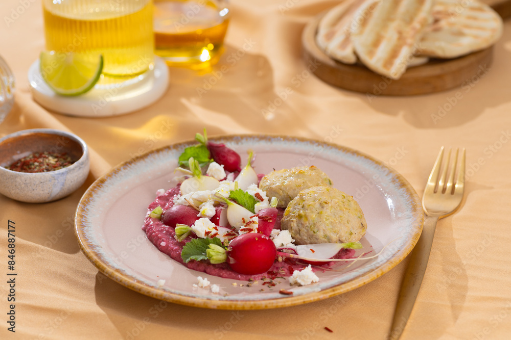 Healthy raw summer vegan snack plate. Flat-lay of beetroot humus dip with falafel and colorful fresh vegetables and greens on pink table background, top view. Clean eating, dieting, vegan Healthy raw summer vegan snack plate. Flat-lay of beetroot humus dip with falafel and colorful fresh vegetables and greens on pink table background, top view. Clean eating, dieting, vegan