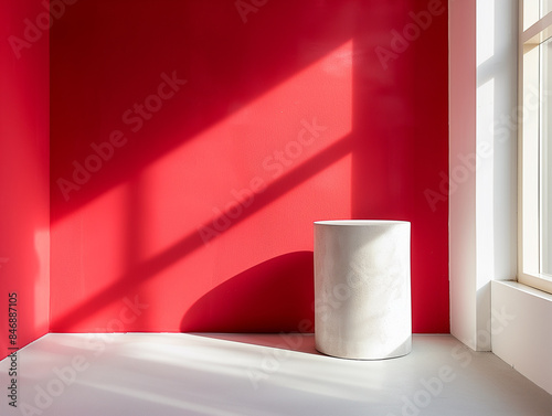 Weißer geometrischer Zylinder, runder Zylinder, rote Rückwand, Präsentationsplattform für Verkaufsartikel Werbebanner Hintergrund photo