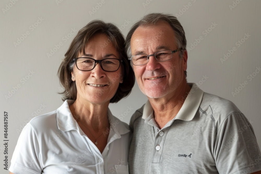 Portrait of a joyful caucasian couple in their 50s wearing a sporty polo shirt in front of minimalist or empty room background
