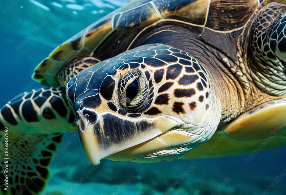 Fototapeta premium Closeup of a sea turtles ancient eyes, their unwavering gaze revealing a resilience and adaptability that has allowed them to thrive for millions of years