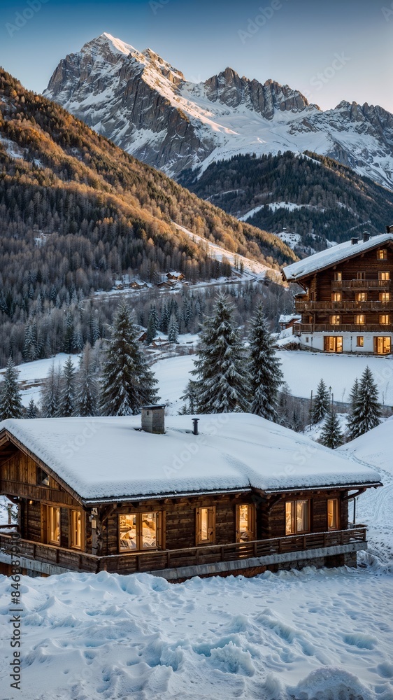 A breathtaking view of the Swiss Alps along with luxurious wooden cabins A breathtaking view of the Swiss Alps along with luxurious wooden cabins