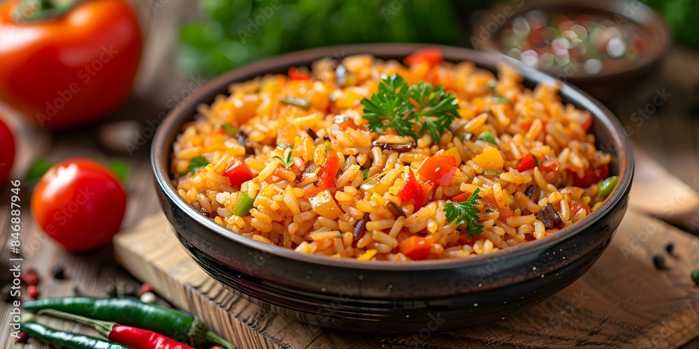 Nigerian Jollof Rice on wooden table colorful dish with tomatoes and peppers. Concept Food Photography, Nigerian Cuisine, Colorful Ingredients, Wooden Table Setting, African Dishes Nigerian Jollof Rice on wooden table colorful dish with tomatoes and peppers. Concept Food Photography, Nigerian Cuisine, Colorful Ingredients, Wooden Table Setting, African Dishes