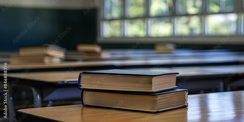 Books stacked on desk in classroom setting. Concept Education, School Supplies, Classroom Setup Books stacked on desk in classroom setting. Concept Education, School Supplies, Classroom Setup