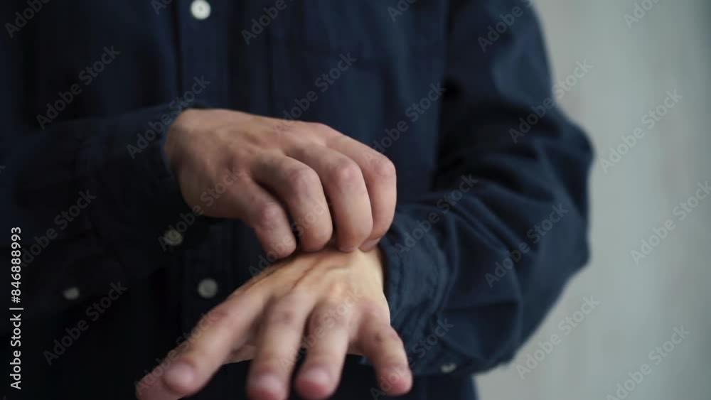 The man's hands itch.
The man scratches his hands.
Allergies bother a person. The man's hands itch.
The man scratches his hands.
Allergies bother a person.