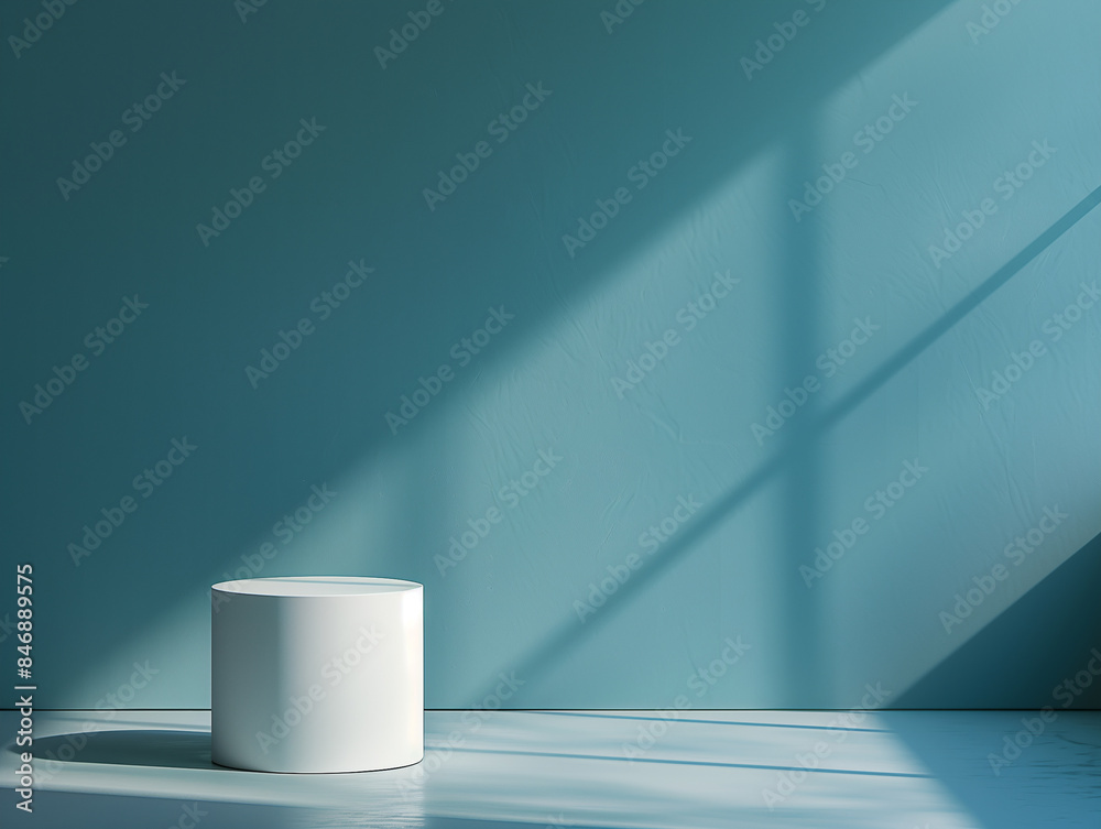 Weißer geometrischer Zylinder, runder Zylinder, blaue Rückwand, Präsentationsplattform für Verkaufsartikel Werbebanner Hintergrund Weißer geometrischer Zylinder, runder Zylinder, blaue Rückwand, Präsentationsplattform für Verkaufsartikel Werbebanner Hintergrund