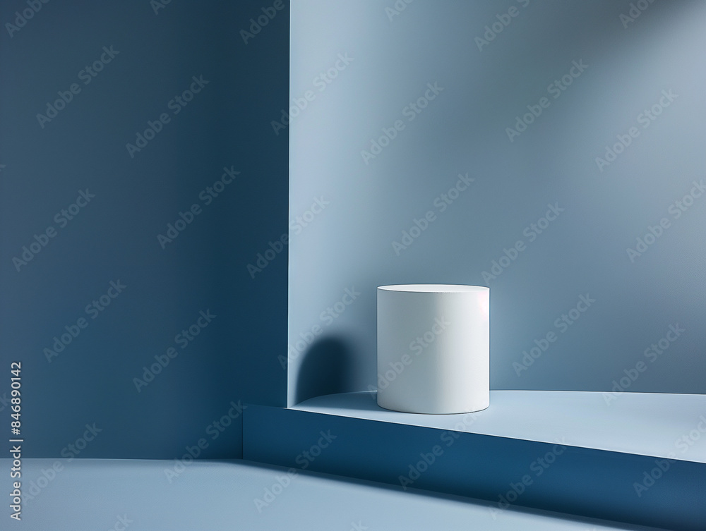 Weißer geometrischer Zylinder, runder Zylinder, blaue Rückwand, Präsentationsplattform für Verkaufsartikel Werbebanner Hintergrund Weißer geometrischer Zylinder, runder Zylinder, blaue Rückwand, Präsentationsplattform für Verkaufsartikel Werbebanner Hintergrund